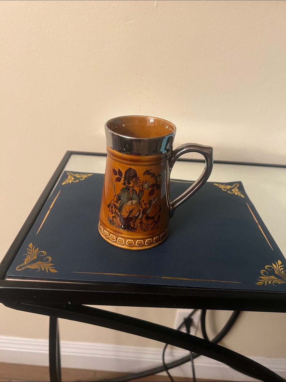 Unique Vintage Brown and Black Ceramic Stein with Folk Scene
